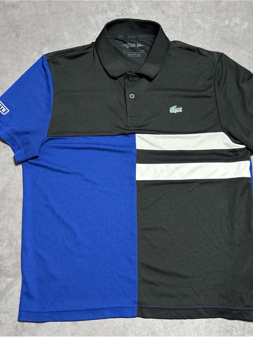 Lacoste Sport Polo Shirt Mens Size XL Black Blue Colorblock Preppy Rugby Golf